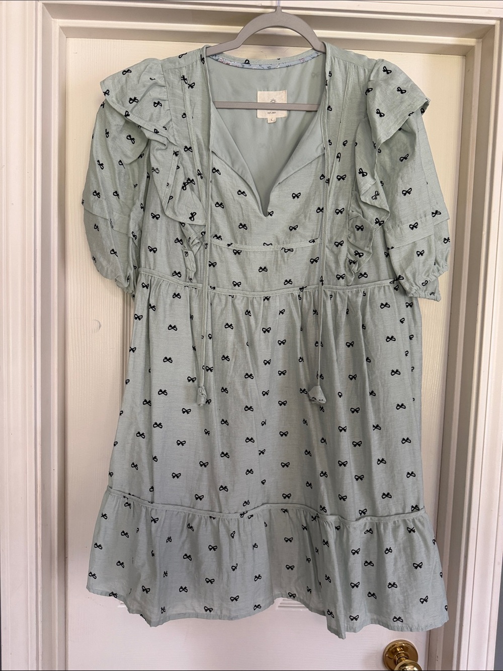 Light Mint Bow-Print Ruffle Dress
